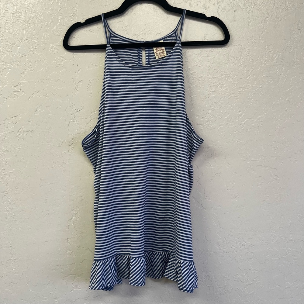 Faded Glory Striped Sleeveless Blue‎ White Strip Ruffle Tank Sz XL EUC